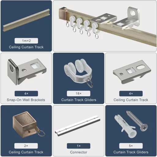 Șină de perdea din aluminiu Domart - Flexibilă, montabilă pe tavan, pentru ferestre, dușuri, spitale, rulote - 2m, culoare șampanie