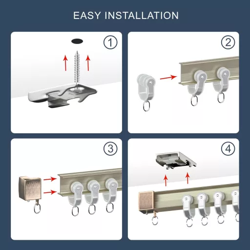 Șină de perdea din aluminiu Domart - Flexibilă, montabilă pe tavan, pentru ferestre, dușuri, spitale, rulote - 2m, culoare șampanie