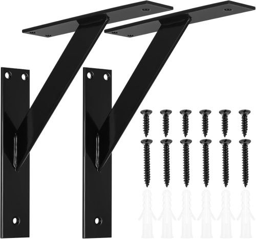 Polckonzol Szett - 2 db Fekete Fali Tartó Konzol Konyhába, Fürdőszobába - 150 mm Porfestett Vas Polctartó Könyvespolchoz, Tárolóp