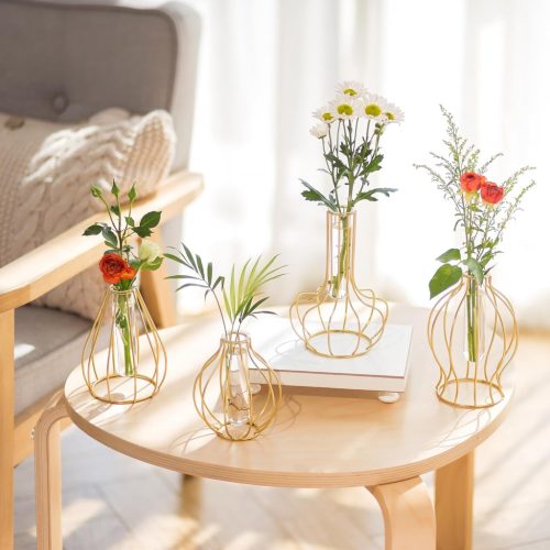 Set de 4 vaze aurii geometrice din sticlă pentru flori - decorațiuni moderne de masă hidroponice