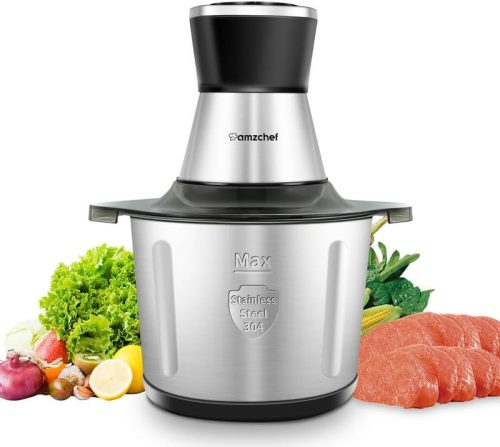 AMZCHEF 500W-os elektromos aprító 3L-es inox tállal, 2 sebességgel, húsdarálásra és bébiételhez
