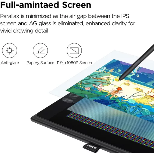 Grafický tablet s displejom UGEE UE12 Plus 11,9" - 147% sRGB farebný gamut, bezbatériové pero, 8 expresných tlačidiel, kompatibilný s Windows/Mac/Android, čierny