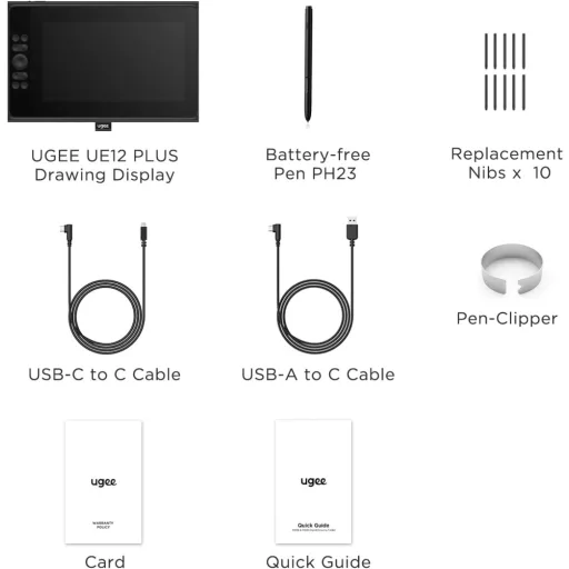 UGEE UE12 Plus 11,9" Grafikus Tablet Kijelzővel - 147% sRGB Színtér, Akkumentes Toll, 8 Gyorsgomb, Windows/Mac/Android Kompatibilis, Fekete