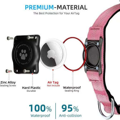 JIARUI AirTag kutyanyakörv IP68 vízálló nagy kutyáknak, reflektív, L méret, rózsaszín