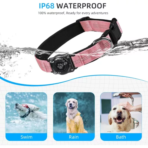 JIARUI AirTag kutyanyakörv IP68 vízálló nagy kutyáknak, reflektív, L méret, rózsaszín