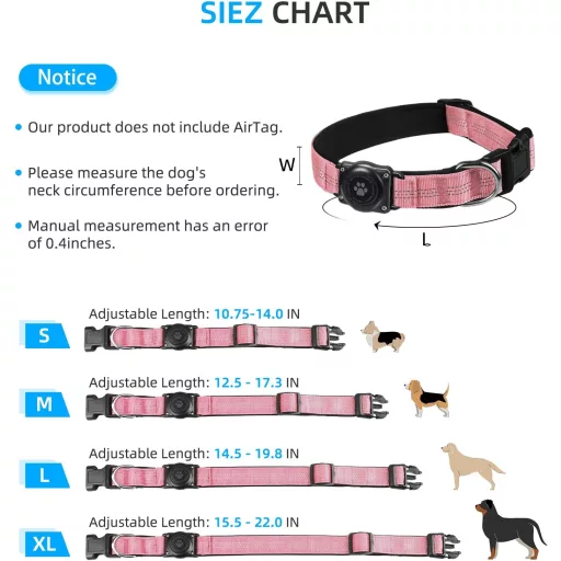 JIARUI AirTag kutyanyakörv IP68 vízálló nagy kutyáknak, reflektív, L méret, rózsaszín