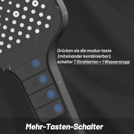 Pălărie de duș cu 7 funcții, tip ploaie, cu economizor de apă și amplificator de presiune.