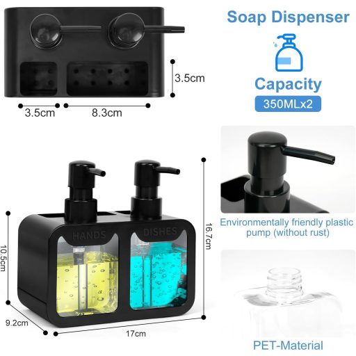 OSTWOLKE Set dozatora za tekućinu za pranje posuđa za kuhinjski sudoper, 350 ml dozator sapuna s držačem četke i spužve, crni