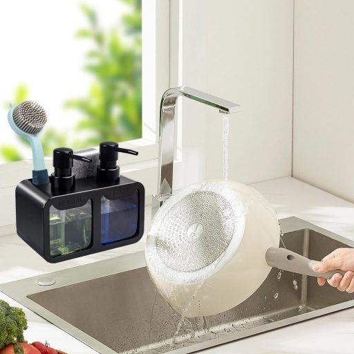 OSTWOLKE Set dozatora za tekućinu za pranje posuđa za kuhinjski sudoper, 350 ml dozator sapuna s držačem četke i spužve, crni