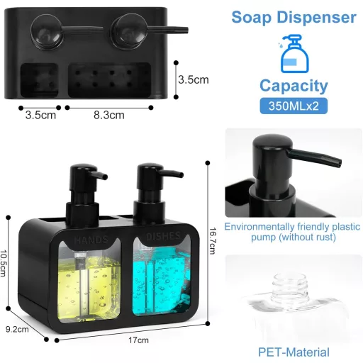 OSTWOLKE Mosogatószer Adagoló Szett Konyhai Mosogatóhoz, 350ml Szappan Adagoló Kefe és Szivacs Tartóval, Fekete
