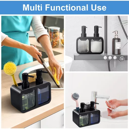 OSTWOLKE Mosogatószer Adagoló Szett Konyhai Mosogatóhoz, 350ml Szappan Adagoló Kefe és Szivacs Tartóval, Fekete