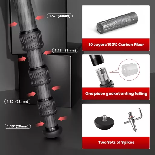 EVUMO Carbon Tripod 165 cm, 40 kg terhelhetőség, fotó és videó állvány