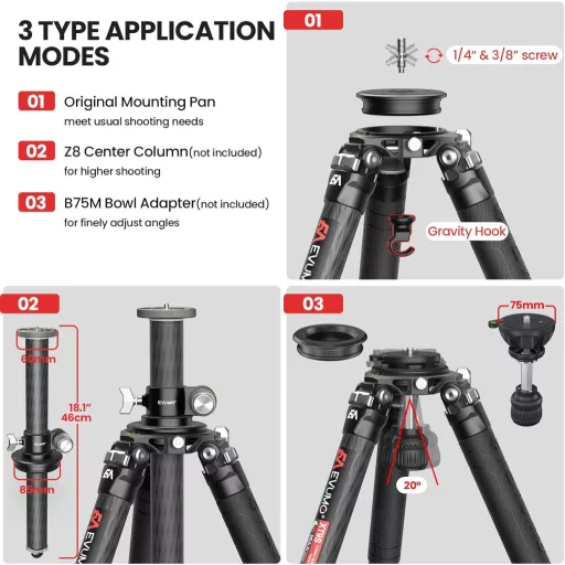 EVUMO Carbon Tripod 165 cm, 40 kg terhelhetőség, fotó és videó állvány
