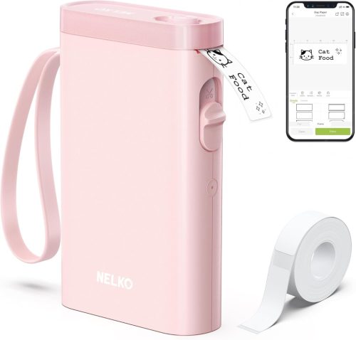 Imprimantă de etichete Bluetooth roz Nelko P21, portabilă, autoadezivă, compatibilă iOS/Android.