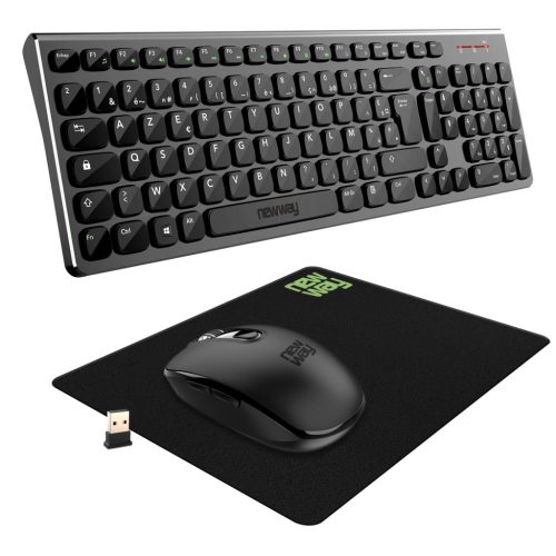 NEWWAY – RF02 tastatură wireless și mouse cu suport – tastatură wireless franceză (AZERTY) 105 taste, 13 comenzi rapide multimedia – 2,4 GHz
