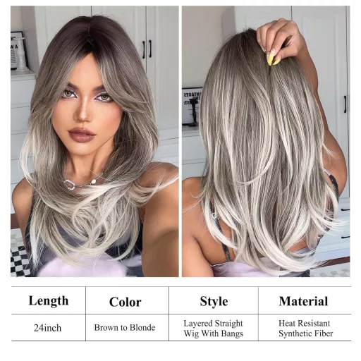 Perucă ombre gri-blond de 60 cm, cu breton, lungă, dreaptă, sintetică, pentru femei, potrivită pentru purtare zilnică și petreceri cosplay