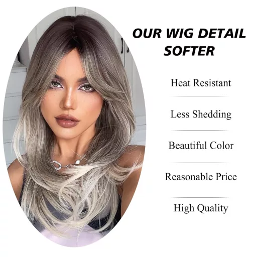 Perucă ombre gri-blond de 60 cm, cu breton, lungă, dreaptă, sintetică, pentru femei, potrivită pentru purtare zilnică și petreceri cosplay