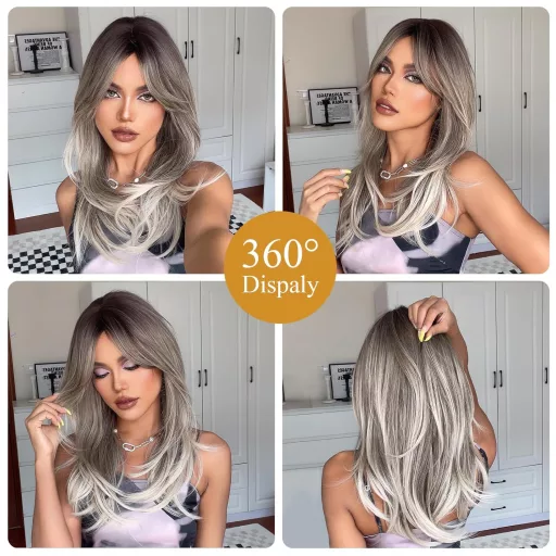 Perucă ombre gri-blond de 60 cm, cu breton, lungă, dreaptă, sintetică, pentru femei, potrivită pentru purtare zilnică și petreceri cosplay