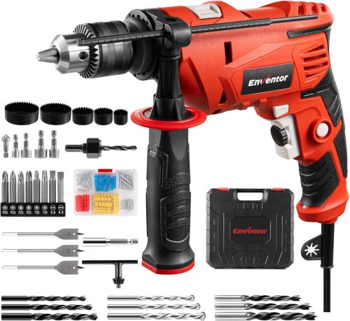 ENVENTOR 900W Ütvefúró, 2 az 1-ben Elektromos Fúró 36 Tartozékkal, 0-3000 RPM, 360° Forgatható Fogantyú, 13mm Tokmány, Betonhoz, Fémhez és F