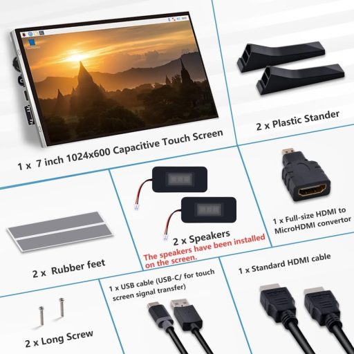 GeeekPi 7" Érintőképernyős Monitor Raspberry Pi-hez, 1024x600 IPS LCD, Dual Speaker