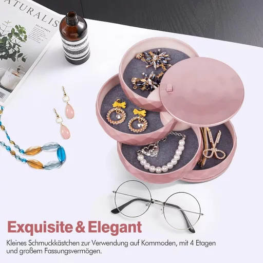 INMORVEN Rotirajuća Kutija za Nakit s 4 Razine, Zaključavanje, Ružičasto Zlato, Ženska