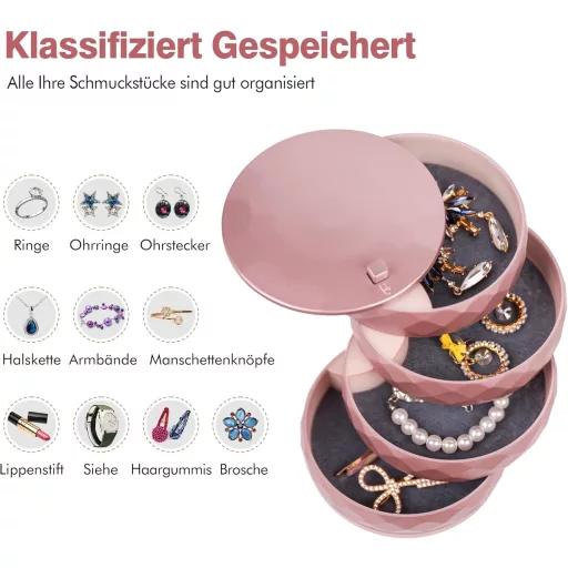 INMORVEN Rotirajuća Kutija za Nakit s 4 Razine, Zaključavanje, Ružičasto Zlato, Ženska
