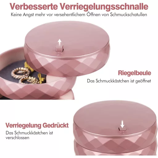 Cutie rotativă pentru bijuterii INMORVEN, 4 nivele, cu încuietoare, aur roz, pentru femei