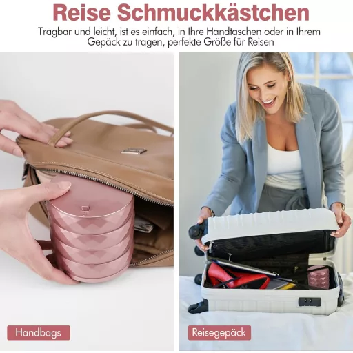 Cutie rotativă pentru bijuterii INMORVEN, 4 nivele, cu încuietoare, aur roz, pentru femei