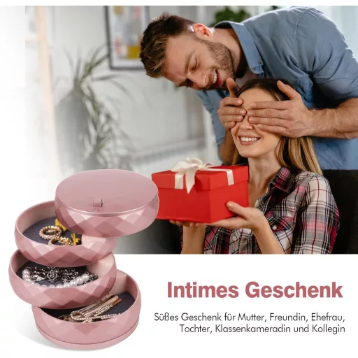 Cutie rotativă pentru bijuterii INMORVEN, 4 nivele, cu încuietoare, aur roz, pentru femei