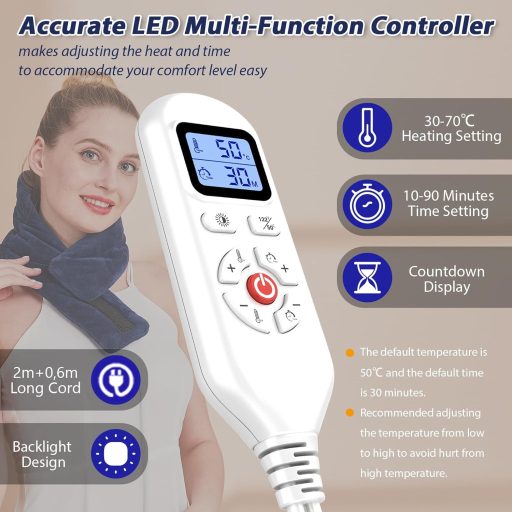 JOBYNA Pernă Electrică de Gât, Încălzire Rapidă în 5 Secunde, Temperatură 30-70°C și Temporizator 10-90 Minute, Material Flanel Lavabil