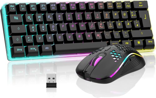 RedThunder K62 60% Vezeték Nélküli Gamer Billentyűzet és Egér Szett, QWERTZ DE Kiosztás, Újratölthető, Méhsejt Kialakítású Ultrakönnyű Egérr