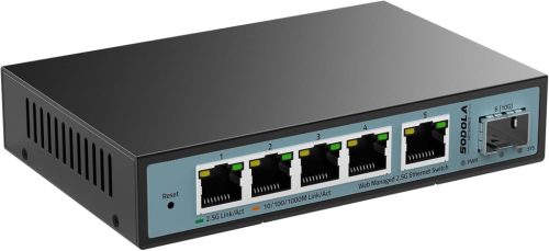 SODOLA 6 Portos 2.5G Smart Ethernet Switch - 5x 2.5G RJ45 + 1x 10G SFP Port, Menedzselhető, VLAN/QoS/IGMP Támogatás, Ventilátormentes Fém Há