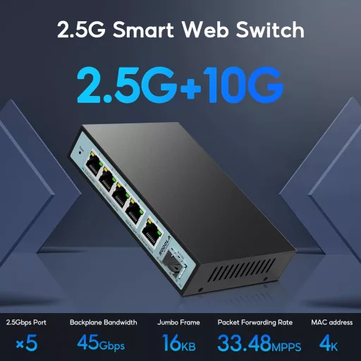 SODOLA Switch Ethernet Smart 2.5G cu 6 Porturi - 5x 2.5G RJ45 + 1x Port 10G SFP, Gestionabil, Suport VLAN/QoS/IGMP, Carcasă Metalică fără Ventilator