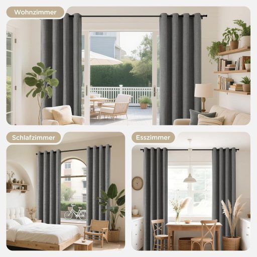 Joydeco Perdele Opace cu Inele - Efect de In Gri, Termoizolante, Set de Două, cu Strat pe Spate - Perdele Blackout pentru Reducerea Zgomotului, pentru Living,