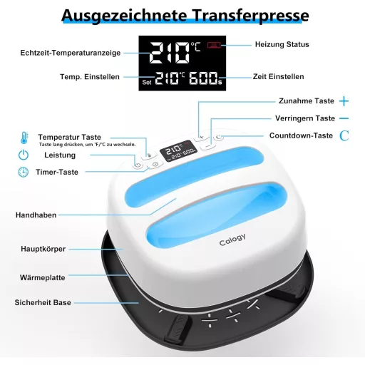 Presă termică Calogy 25,4x25,4 cm - 1300W, pentru imprimat tricouri, 210°C, cu încălzire rapidă și temporizator - pentru imprimare pe haine, genți, vinil HTV