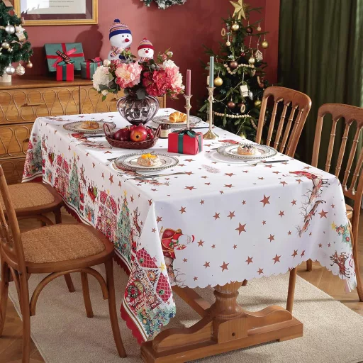 KAMEUN Karácsonyi Asztalterítő Piros 180x150cm Vászon Mosható Takarítható