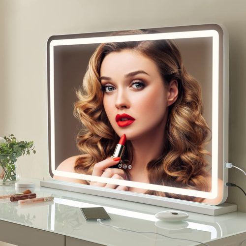 Oglindă de machiaj Saimeihome Hollywood cu iluminare LED - 80x55cm Albă, 3 nuanțe de lumină, mărire 10X, USB, control tactil, pentru masă sau perete