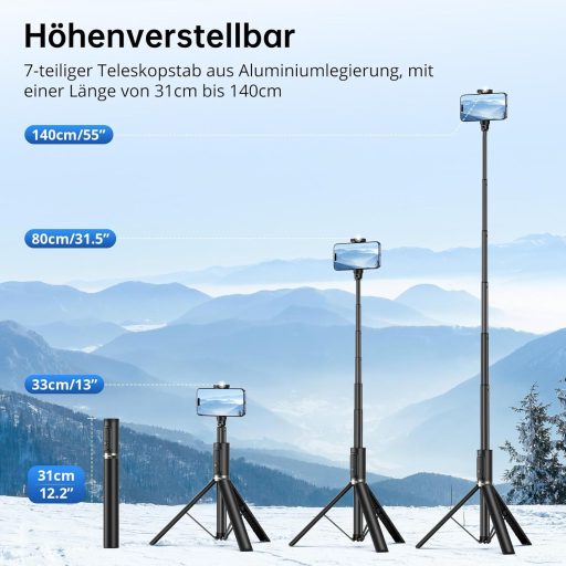 SYNCWIRE 140 cm Selfie Stick și Trepied din Aluminiu cu Telecomandă - Tripod Rotativ 360° pentru iPhone 16/15/14/13 și Alte Smartphone-uri - Negru