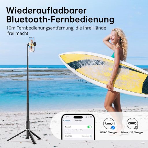 SYNCWIRE 140 cm Selfie Stick și Trepied din Aluminiu cu Telecomandă - Tripod Rotativ 360° pentru iPhone 16/15/14/13 și Alte Smartphone-uri - Negru