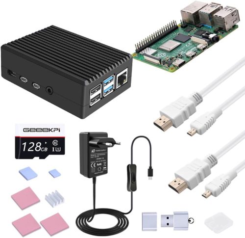 Kit de pornire GeeekPi Raspberry Pi 4, 8GB RAM, cu card SD de 128GB, carcasă din aluminiu cu răcire pasivă, alimentator de 5V 3.6A și 2 cabluri HDMI 4K