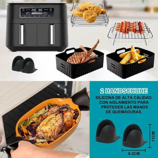 Set Accesorii Friteuză cu Aer Cald Moleath, 23 cm, Formă Silicon, Compatibil cu Ninja Foodi AF300EU AF400EU, Cecotec 9L Dual Zone