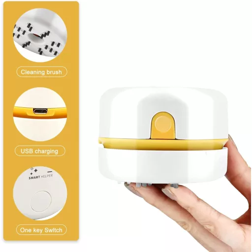 Mini aspirator portabil USB pentru birou, ideal pentru firimituri și tastatură.