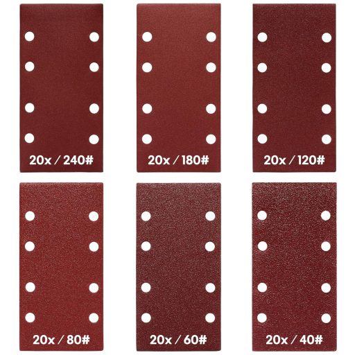 Set 120 coli de șmirghel Shall, 93x185 mm, 8 găuri, granulație mixtă