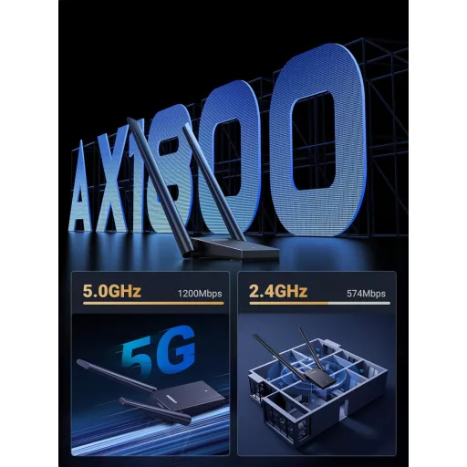 UGREEN AX1800 WiFi 6 USB adapter PC-hez, nagy hatótávolságú, 5GHz/2.4GHz