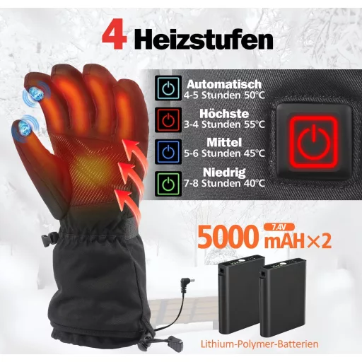 Mănuși încălzite tantu cu baterie de 7.4V/2x5000mAh - Mărime S - Mănuși unisex impermeabile cu 4 trepte de căldură pentru schi, motociclism, drumeții