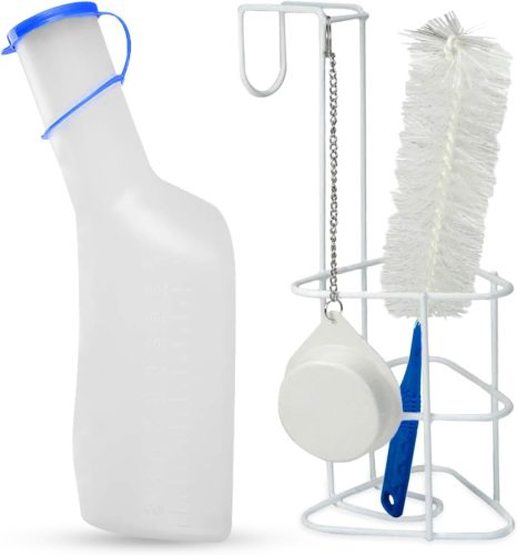 Hygiene100 Vizeletgyűjtő Palack Szett 1000ml - Ágytartóval, Fedéllel és Tisztítókefével - Tartós Műanyag, Mérőskálával Betegápoláshoz