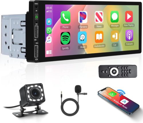 Radio auto 1 DIN cu CarPlay wireless, Android, Bluetooth hands-free, ecran tactil de 6,86", mirroring, FM/USB/AUX, control pe volan