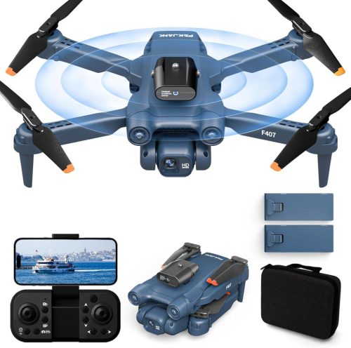 FAKJANK F407 Drón 4K Kamerával - 360° Akadályérzékelés, WiFi FPV Átvitel, Optikai Pozícionálás, Kezdőknek, 2 Akkumulátorral, Kék