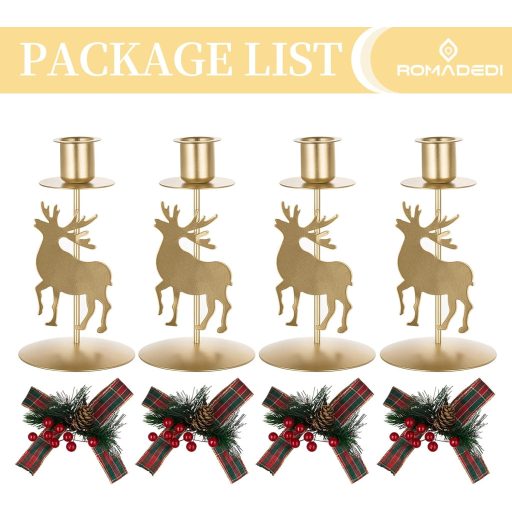 Romadedi Vintage Szarvas Gyertyatartó Szett - 4 db Arany Fém Adventi Asztaldísz Rusztikus Stílusban, Karácsonyi Dekoráció és Ajándék
