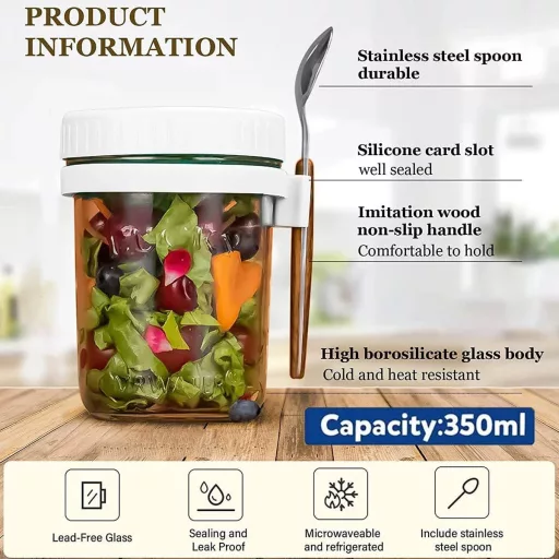 Generisch 2 db Overnight Oats üveg tetővel és kanállal, 350 ml, légmentes tárolóedény